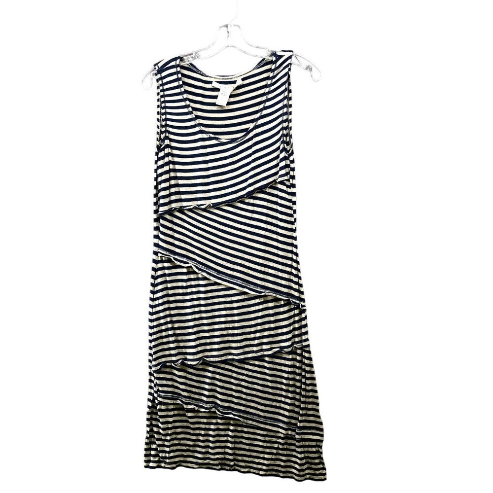 Max Studio Midi‎ Tank Dress Size Large L Gray Blue Stripe Jersey Knit Scoop Neck